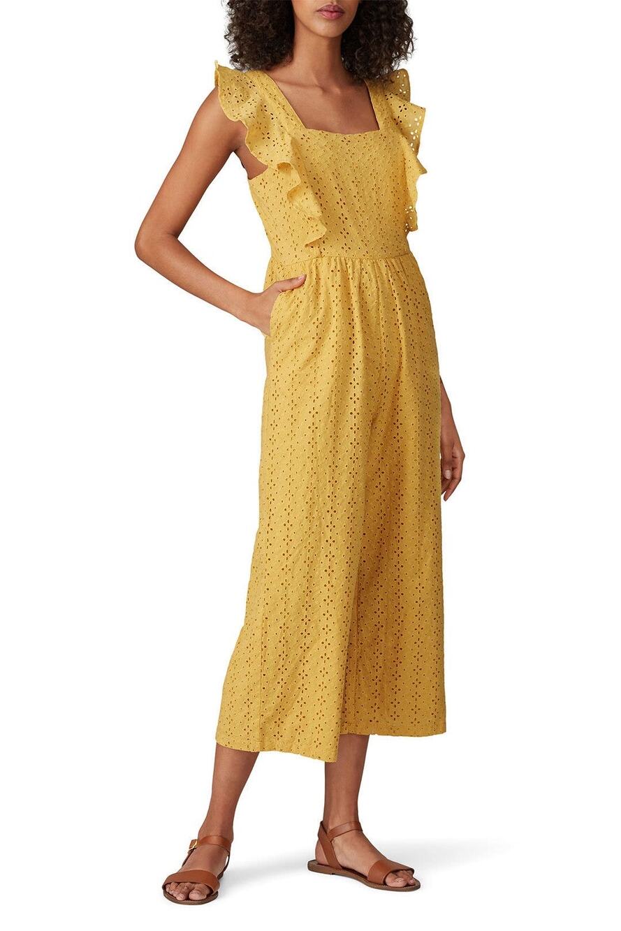 MinkPink My Friend Yellow Eyelet Wide Leg Flutter Sleeve Crop Jumpsuit Size L